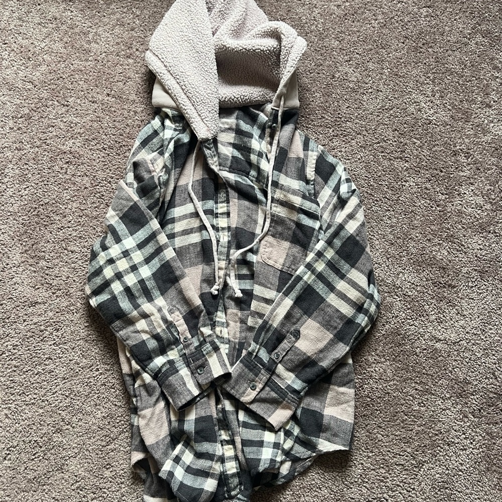 American Eagle Flannel Sweater w/ Fluffy Hood